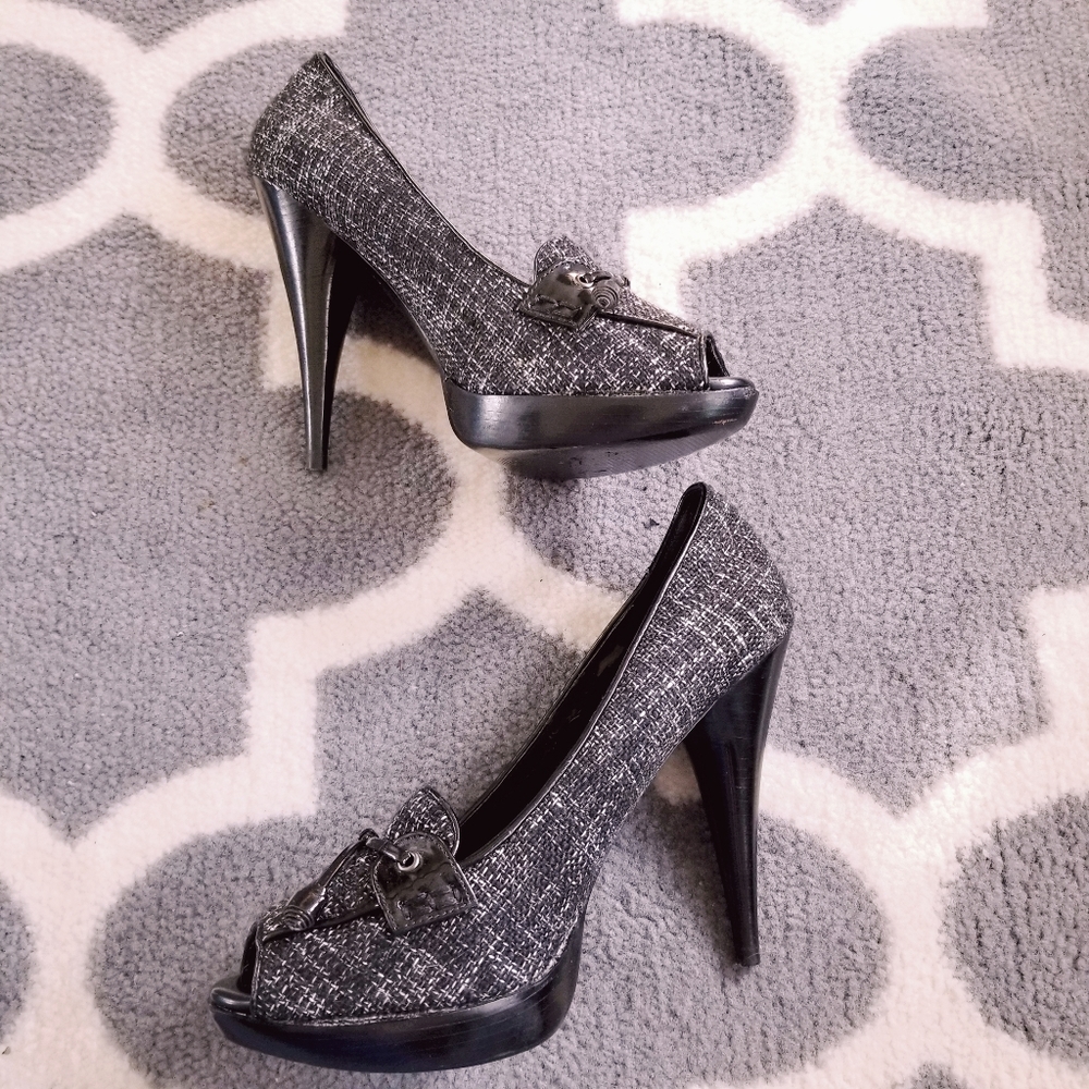 Tweed Peep Toe Platform Heels by Levity